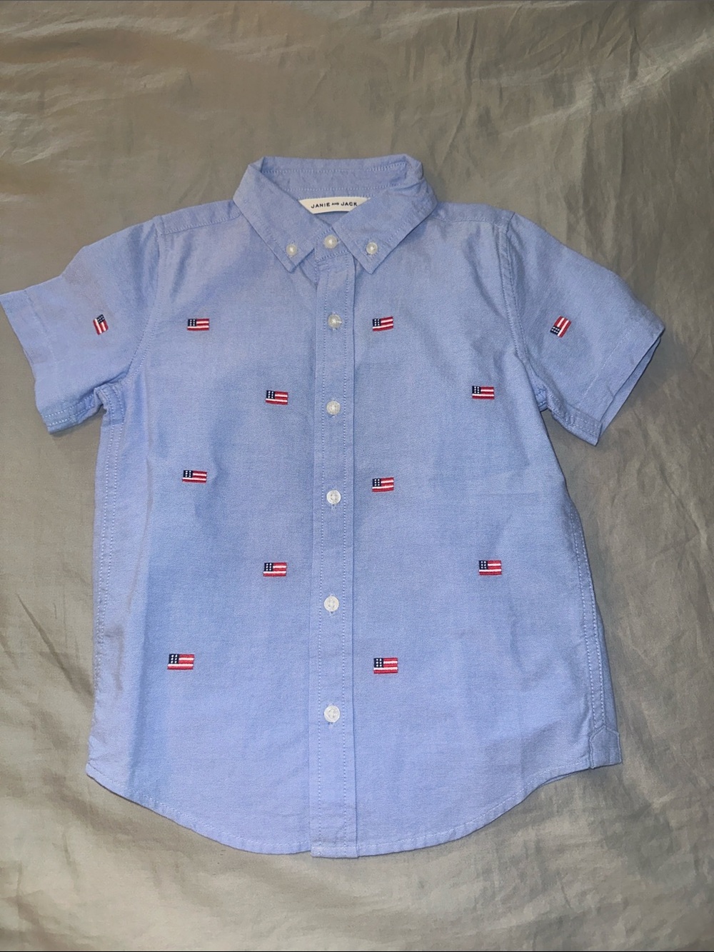 Janie and Jack Light Blue Short Sleeve Button-Down with Flag Embroidery